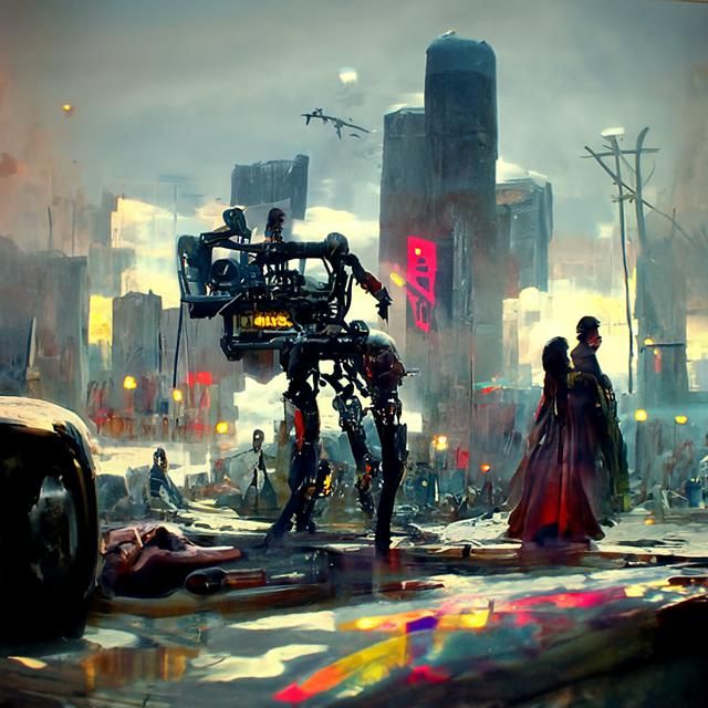 Cyberpunk Robot War in Burning City