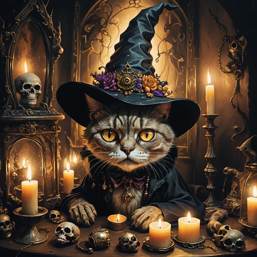 Skull Cat Portrait in Whimsical Eerie Realism