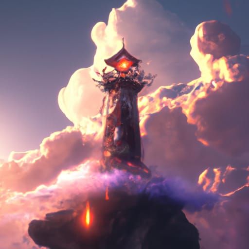 Lighthouse Shines in Cloudy Fantasy Landscape