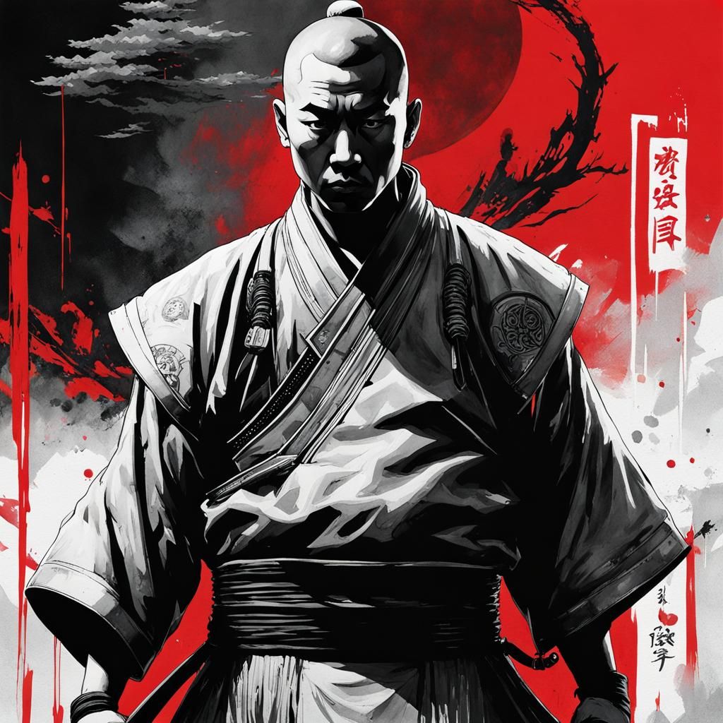 Monochrome Watercolor: Shaolin Monk in Cyberpunk Style
