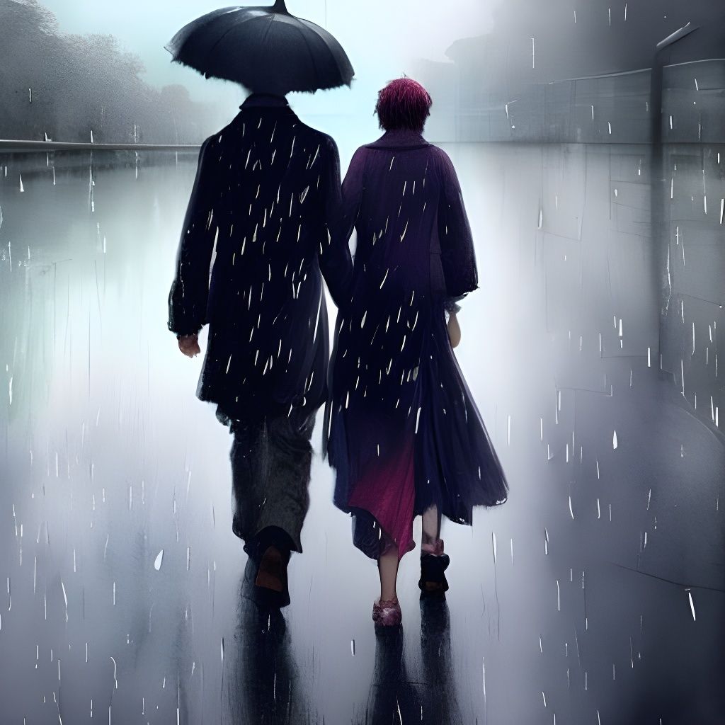 Romantic Couple Walking in Rain: Watercolor Illustration