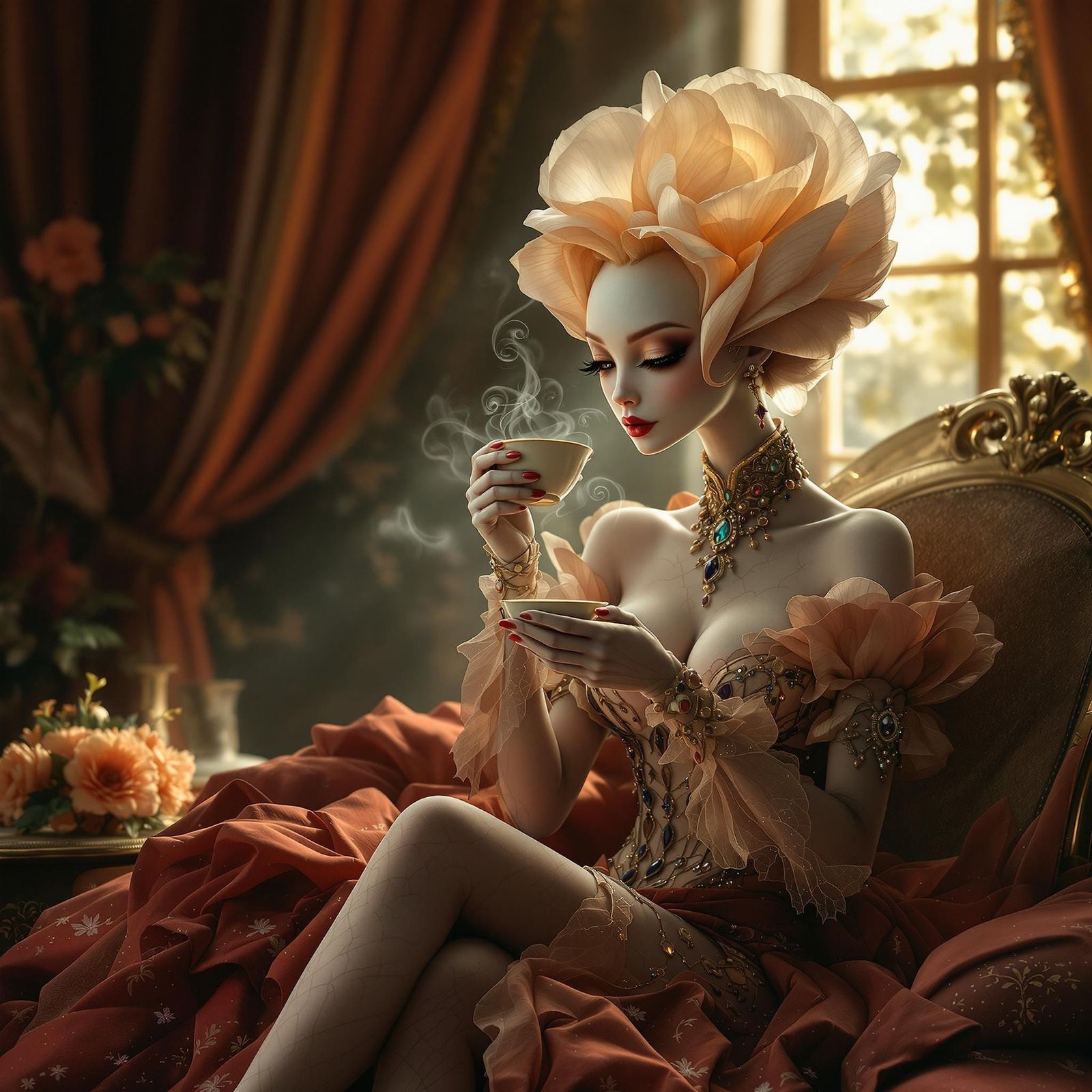 Refined Poppy Sips Tea in Opulent Victorian Parlour