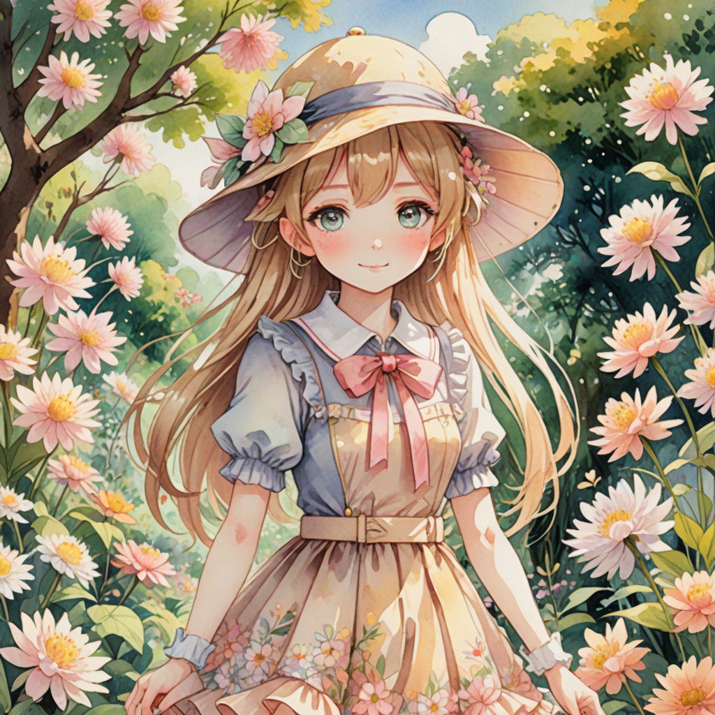 Cute Anime Girl in Whimsical Garden