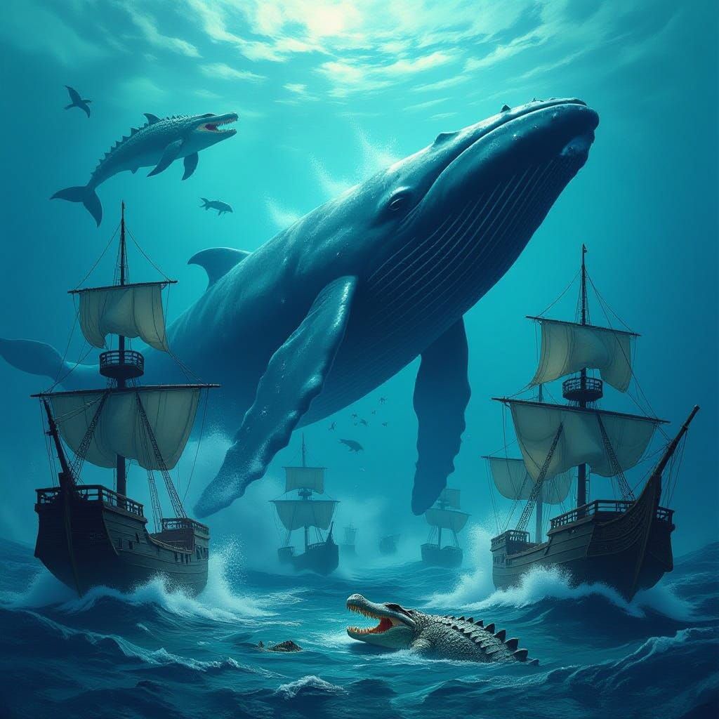 Colossal Whale and Crocodile Attack on Sailing Ships