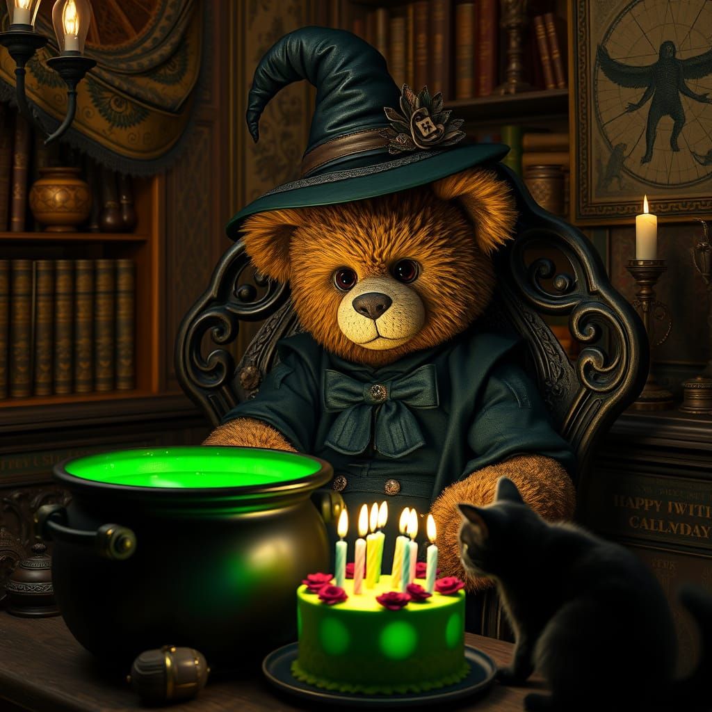 Teddy Bear Witch Prepares Halloween Party