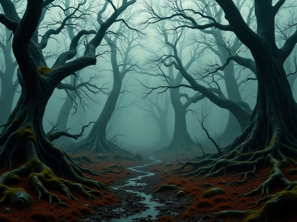 Eerie Lovecraftian Woods with Dense Mist