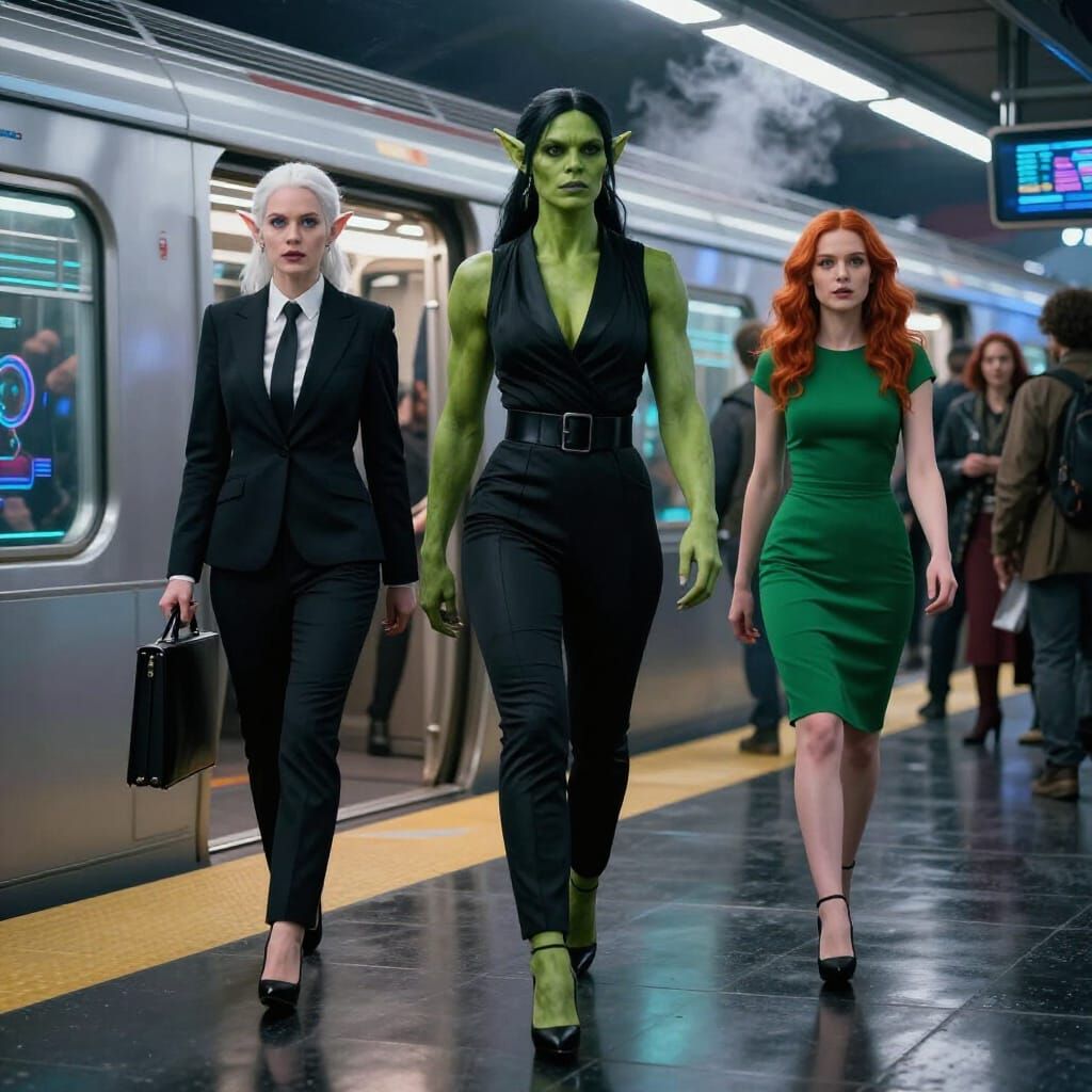 Fantasy Film Still: Women Exit Futuristic Subway