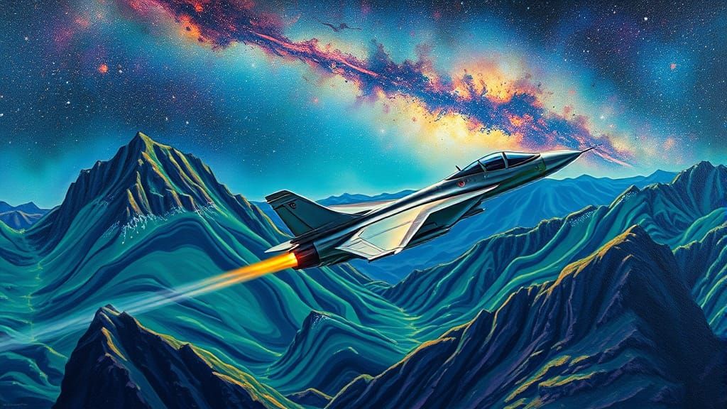 Sleek Fighter Aircraft Soars Through Cosmic Landscape