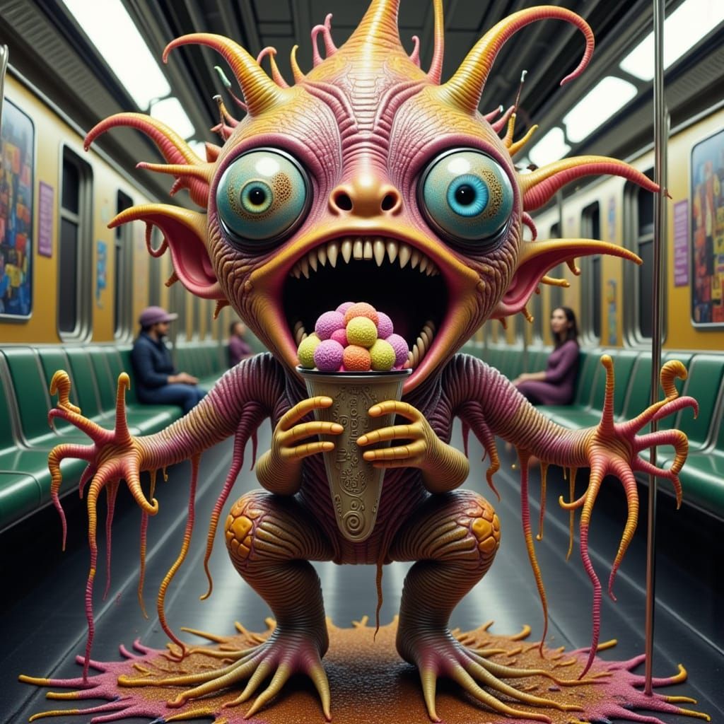 Whimsical Alien Savoring Sweet Treat on Cosmic Subway