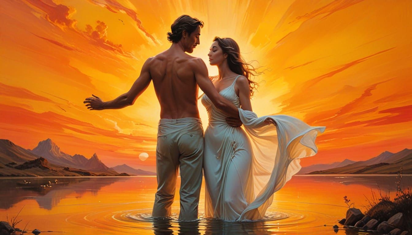Surreal Couple in Serene Landscape