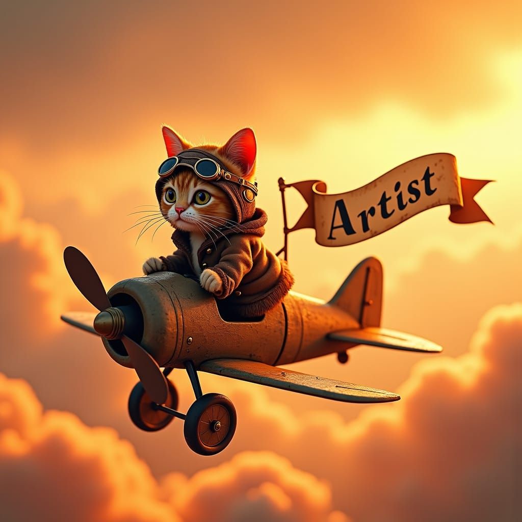 a cat flying a plane
a whimsical cat with a leather aviator helmet and goggles, wearing a worn bomber jacket with golde...
