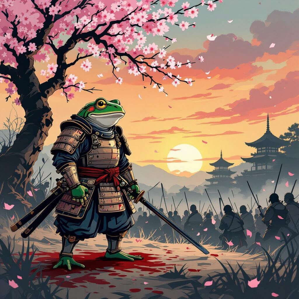 Frog Samurai on Blood-Soaked Battlefield in Ukiyo-e Style