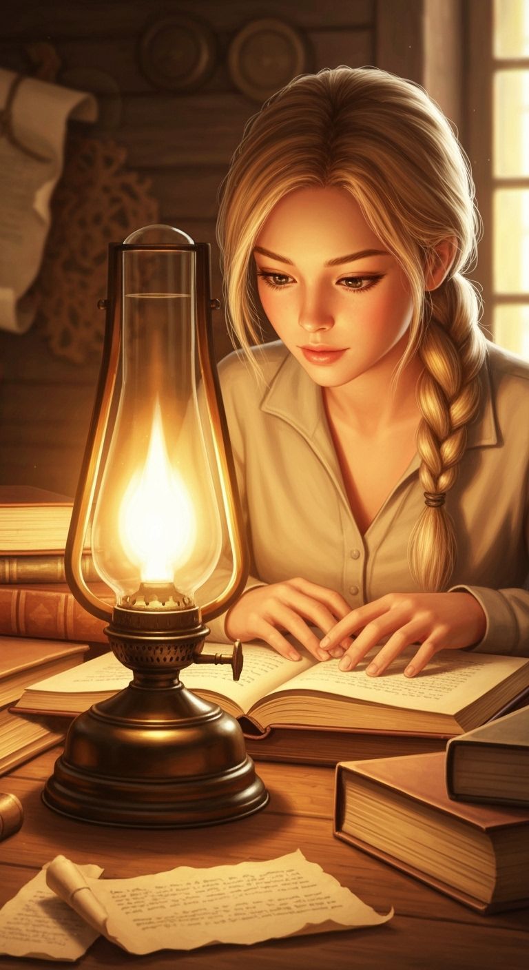 Young Woman Studying by Gas Lamp in Rustic Library