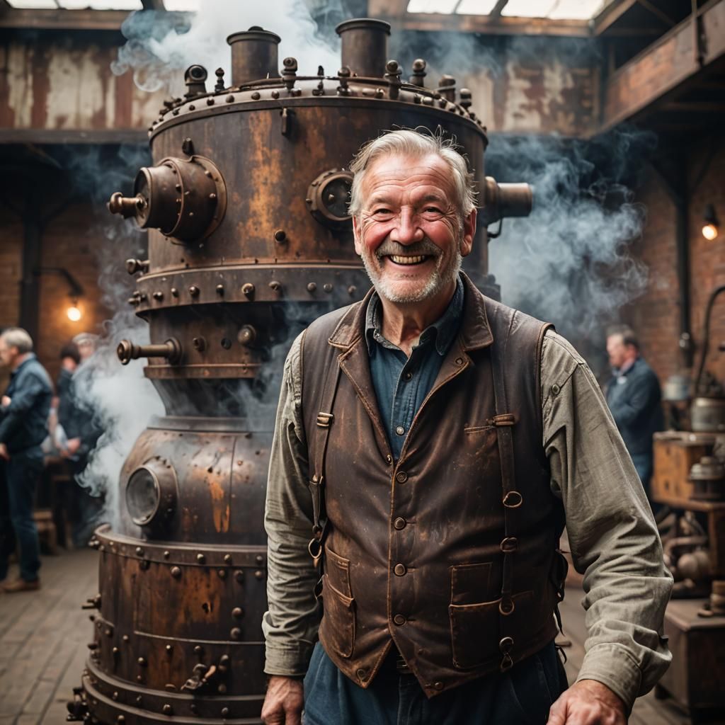Antique Steam Vessel Inside Smiling Man