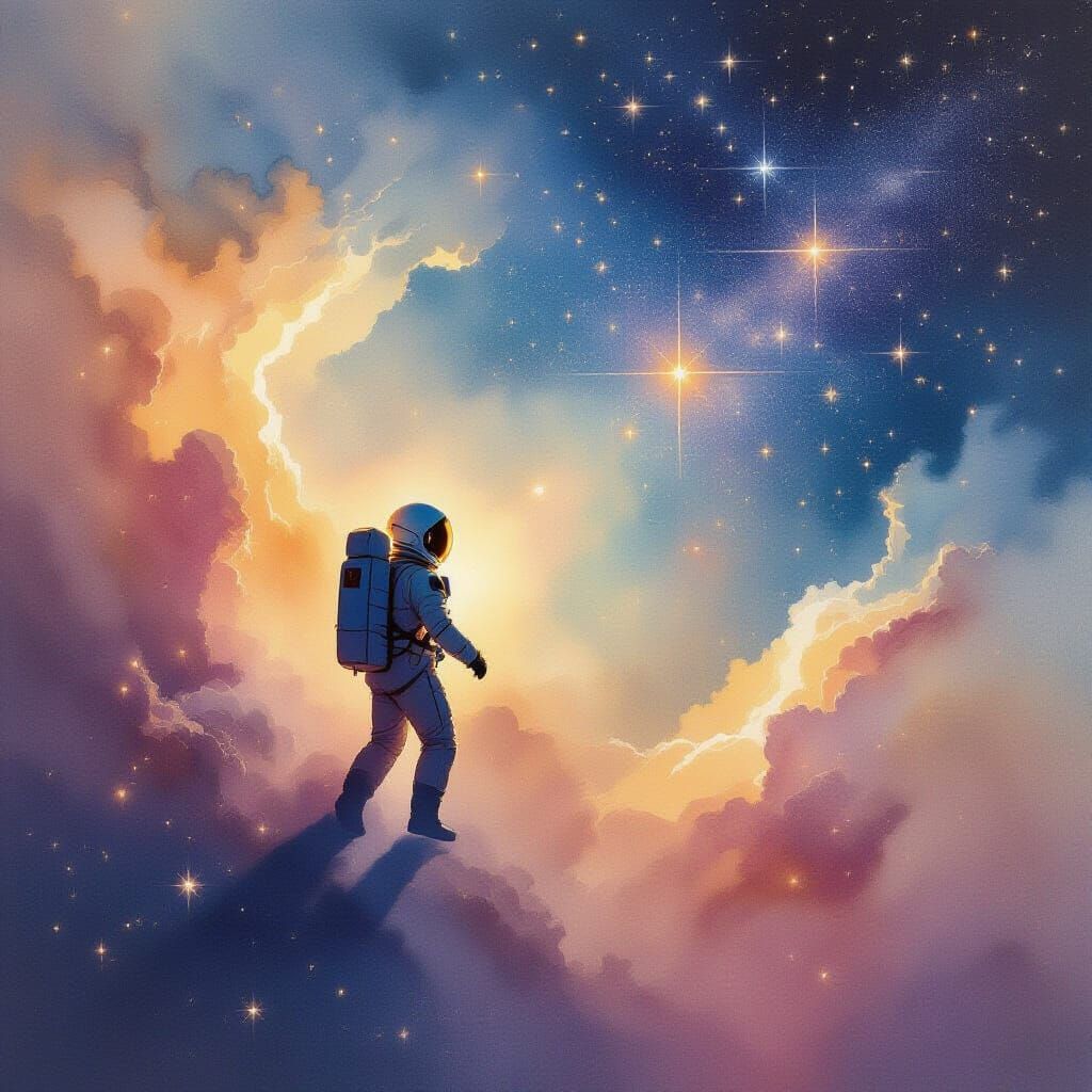Astronaut Drifting Through Watercolor Nebula, Cosmic Art