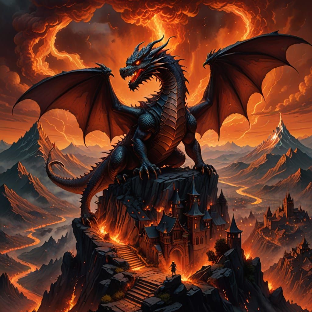 Dragon Over Burning Village in Dramatic Fantasy Landscape