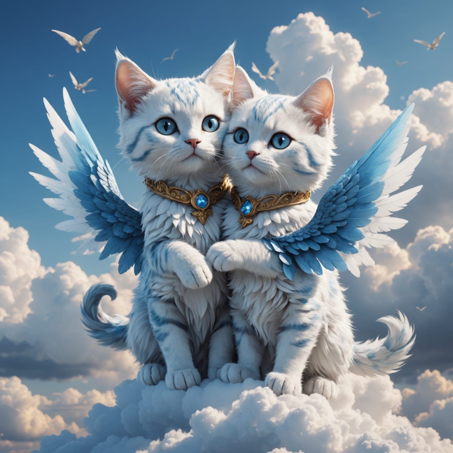 Winged Light Blue Cats Hugging on a Cloud