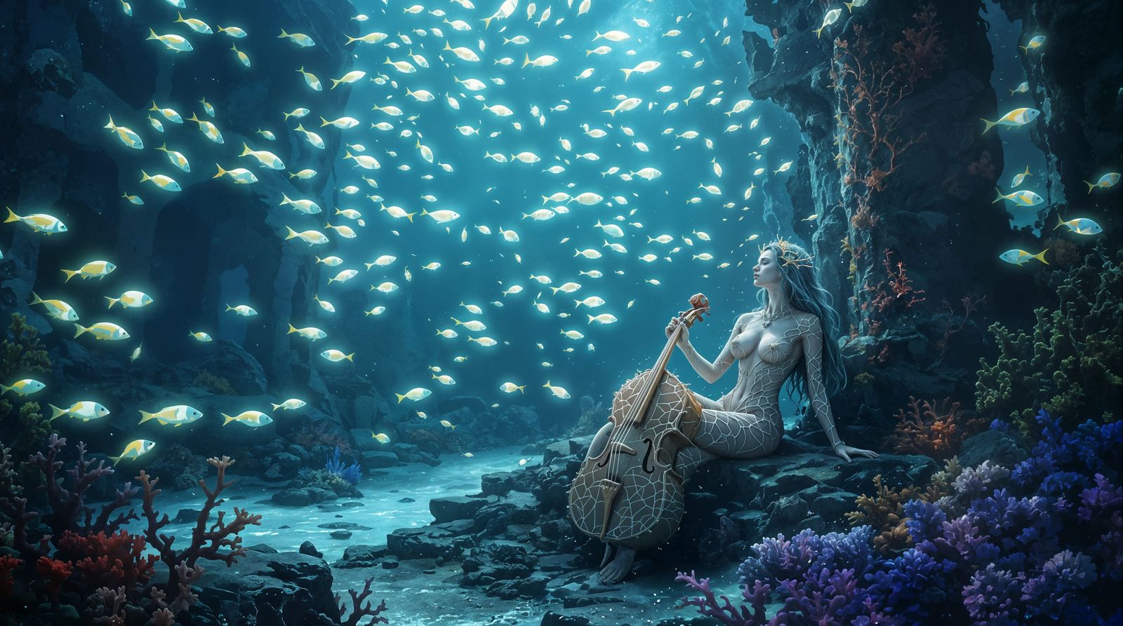 Ethereal Siren Plays Coral Cello Amidst Bioluminescent Reef