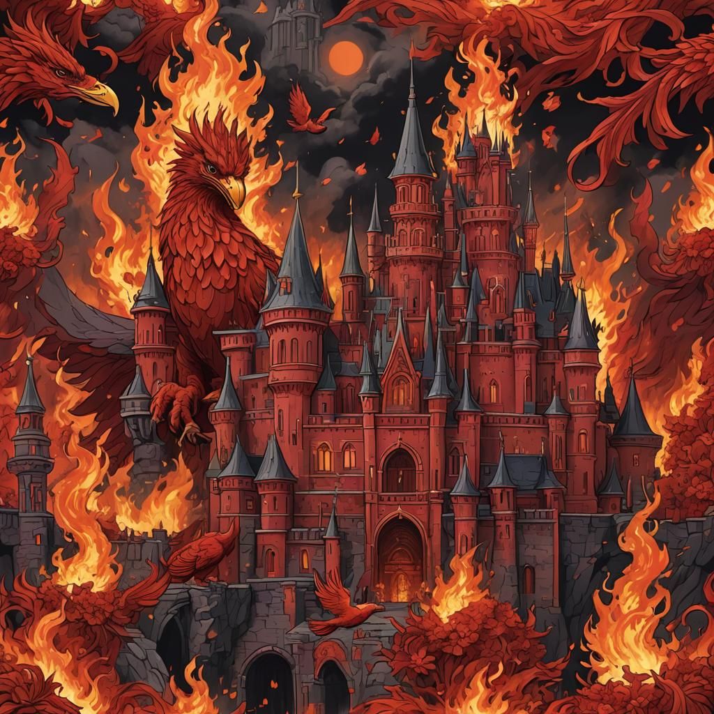 Scarlet Phoenix Over Crimson Castle: A Fiery Vision