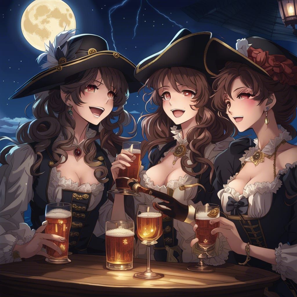 Anime Pirate Women Under Full Moon in Manga Style