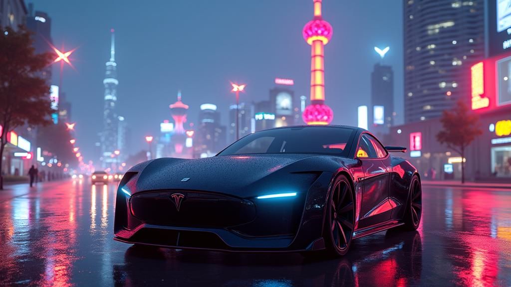 Tesla Model S Under Shanghai's Neon Lights
