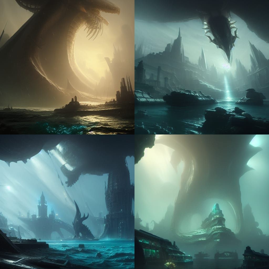 Underwater City in Shadow, Fantasy Art
