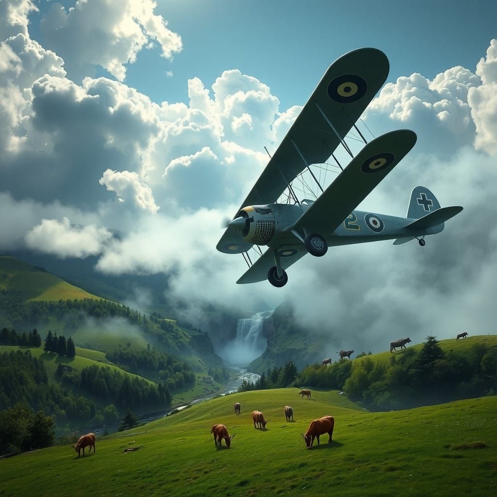 WW2 Biplane Takes Flight from Clouds amidst Serene Landscape