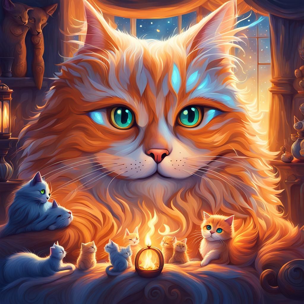 Whimsical Cat Surrounded by Loving Family in Cozy Fantasy Se...