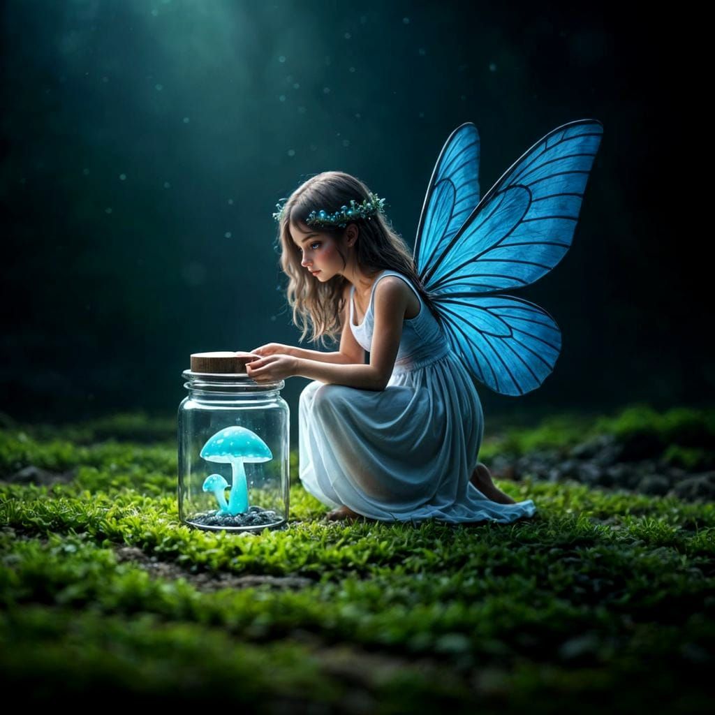 Ethereal Fairy Contemplates Glowing Blue Mushroom