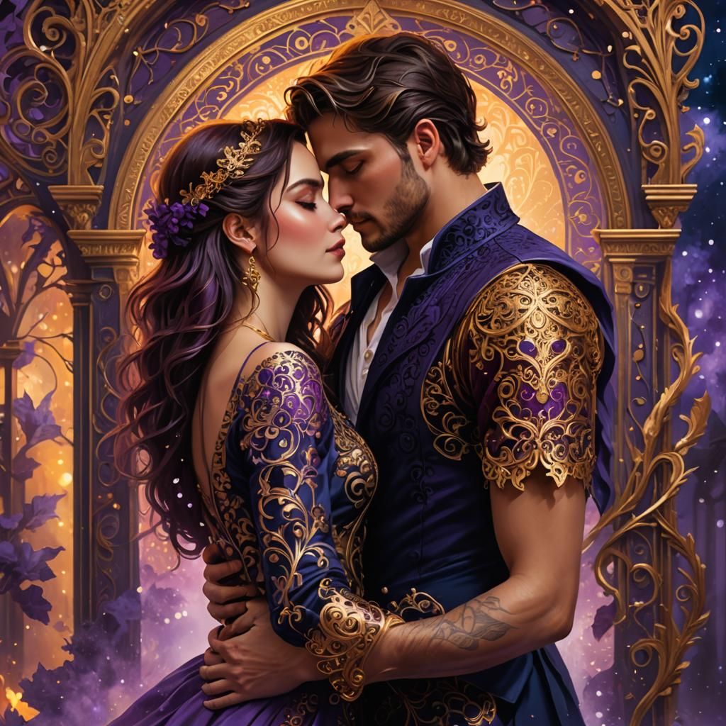 Romantic Embrace in Ornate Filigree, Surreal Illustration