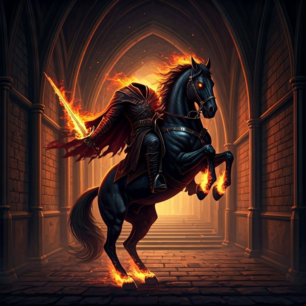 Fiery Headless Horseman in Dark Catacombs