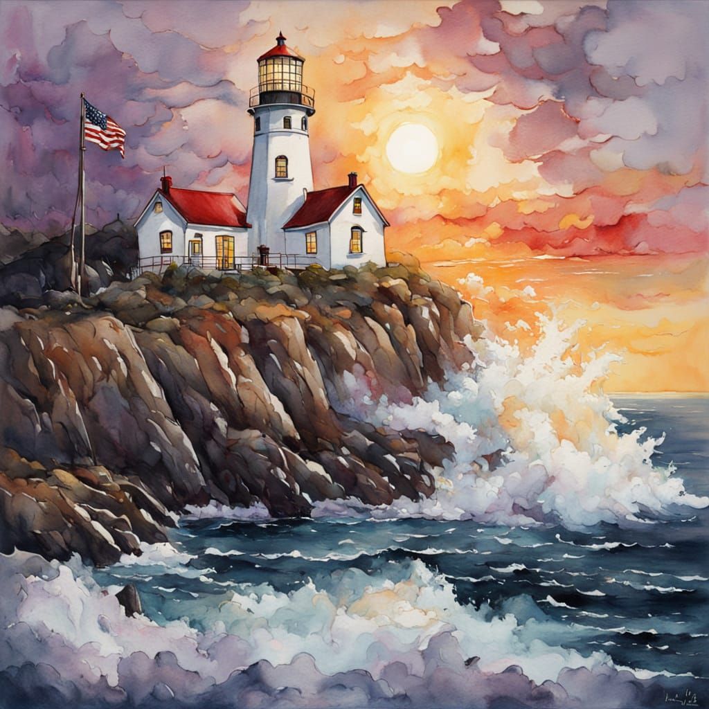 Lighthouse at Sunset: Painterly Fantasy Scene