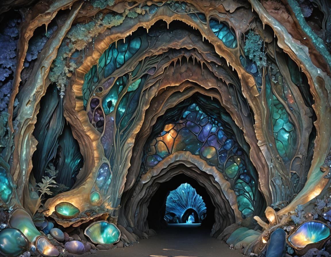 Opalescent Cave Entrance with Mystical Webs
