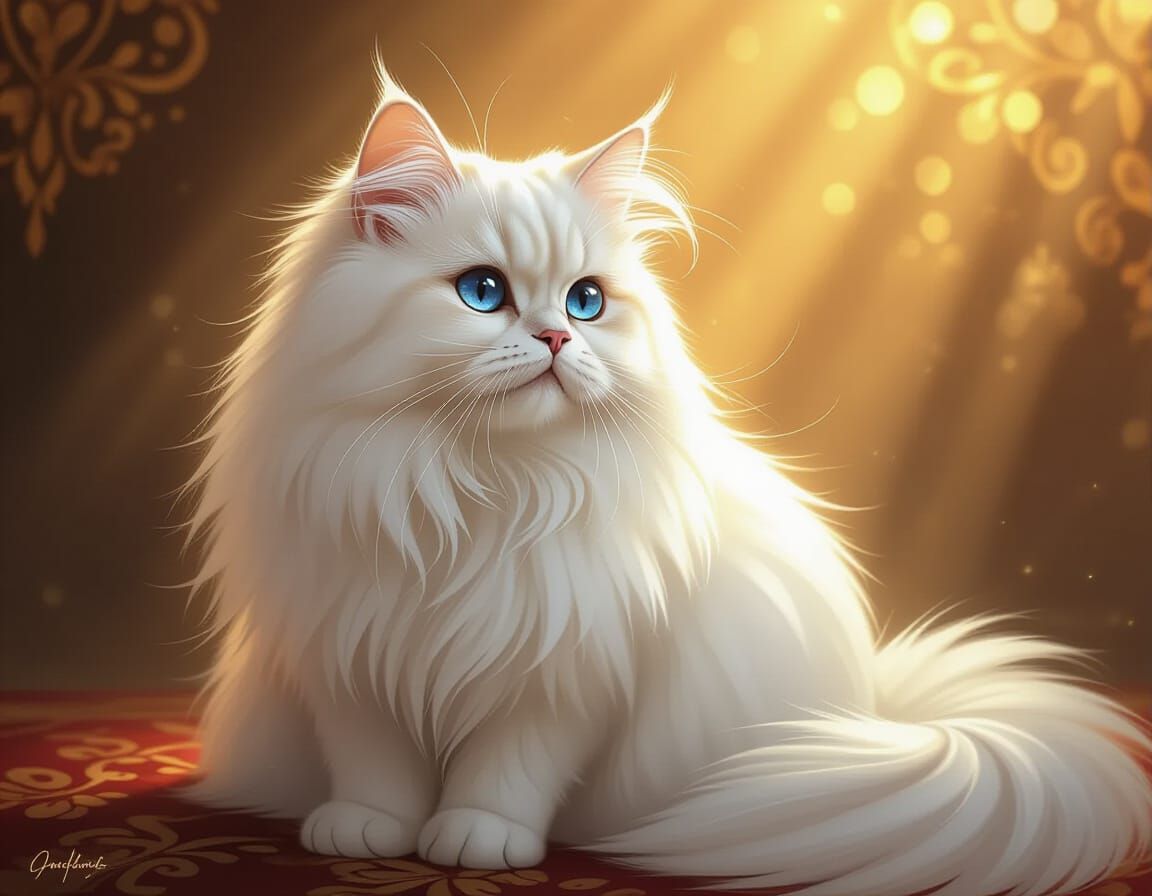 Regal White Persian Cat in Ethereal Golden Light