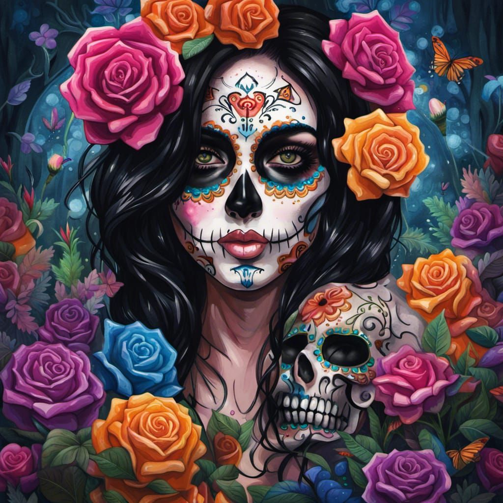 Woman with Sugar Skull in Graffiti Art Style