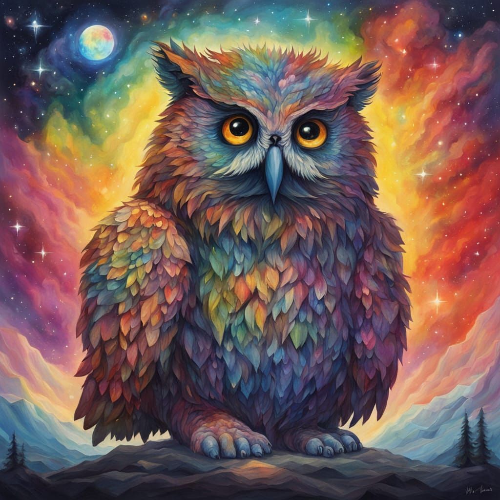 Cosmic Owlbear Ascends Through Rainbow Vortex