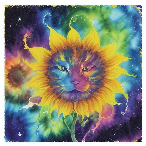 Tie Dye Cat-Dragon in Gouache Style with Rainbow