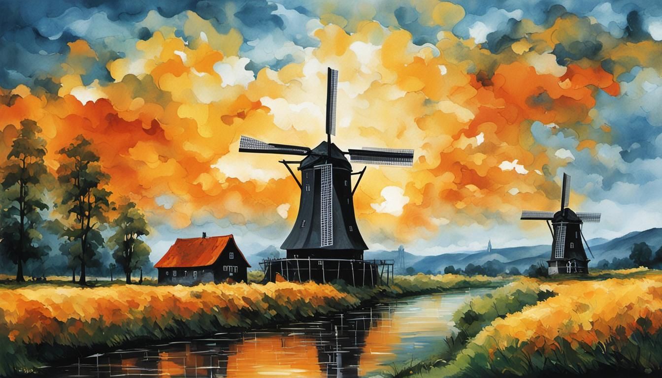 Die fleißige Windmühle. Öl auf Leinwand in Impasto-Technik.