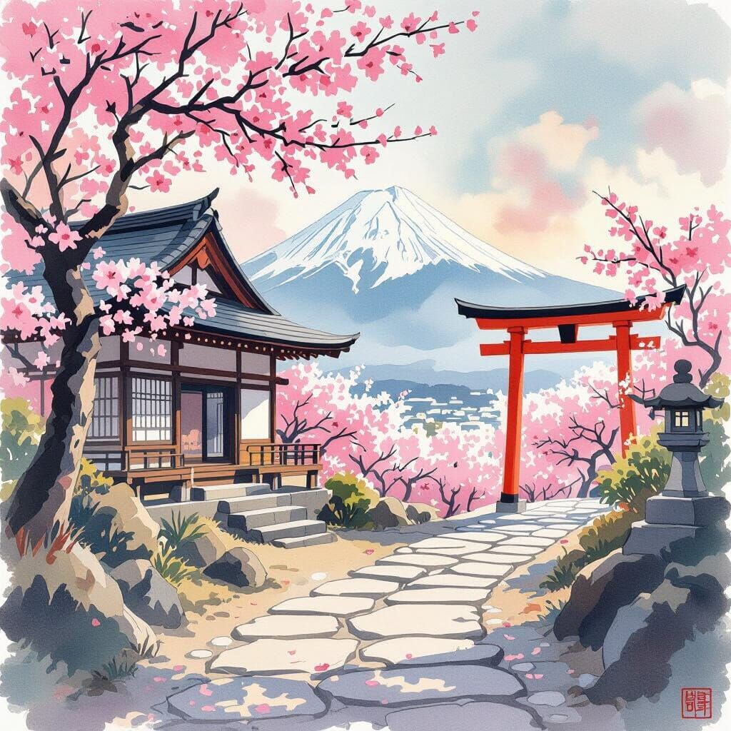 Japanese Hut with Cherry Blossoms and Mount Fuji