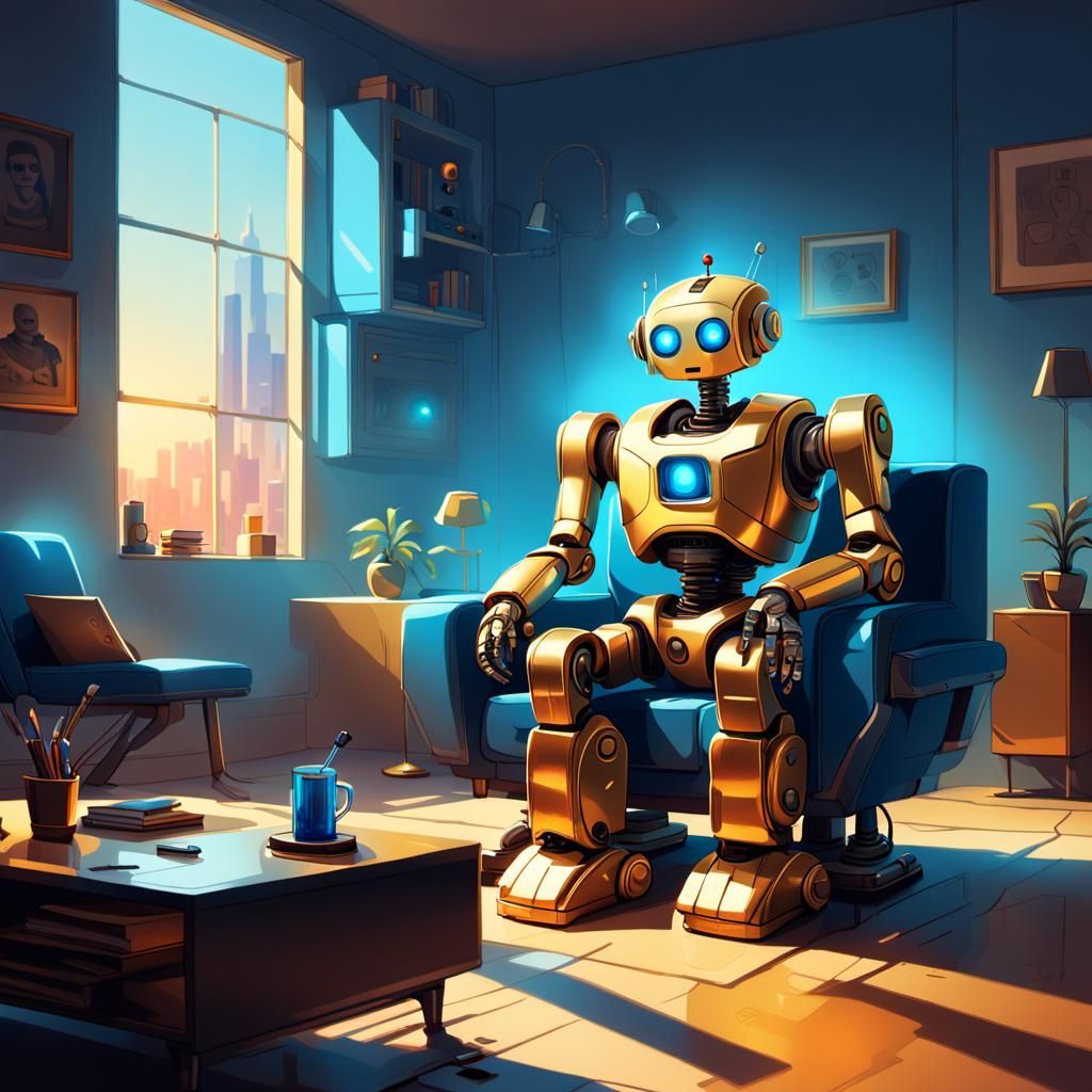 Worried Robot Dad in Futuristic Living Room