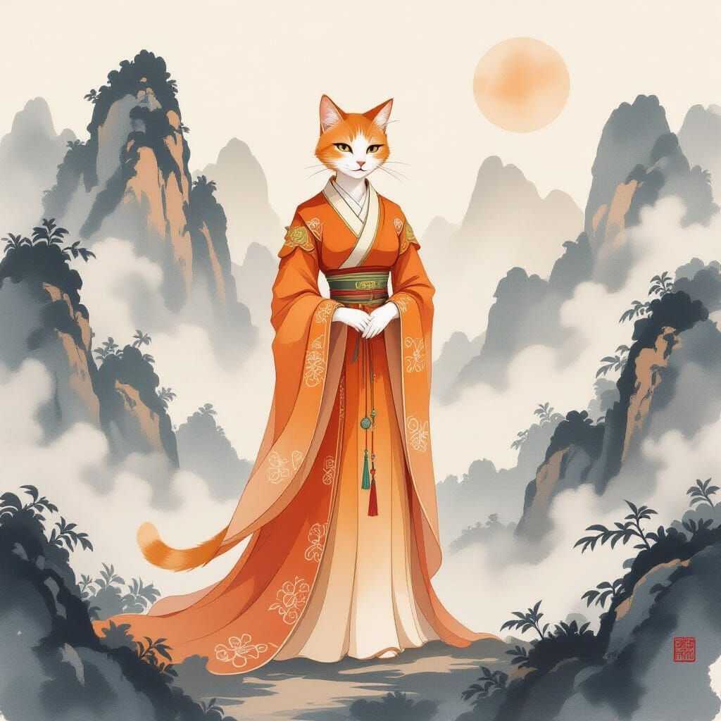Elegant Orange Cat Noble in Chinese Ink Wash Style