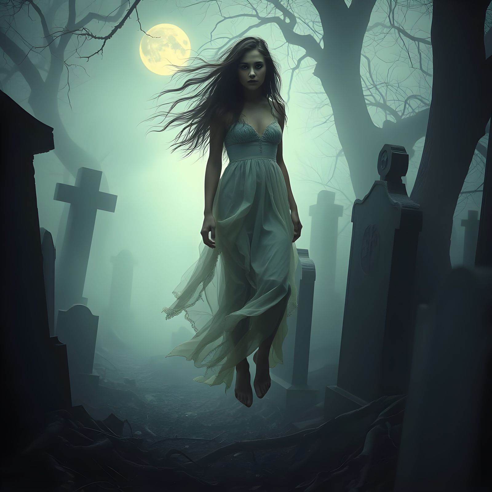 Ethereal Ghost Drifting Through Misty Graveyard