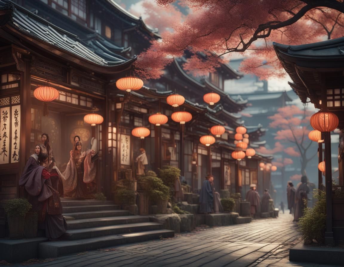 Art Nouveau European Street Scene with Kimonos