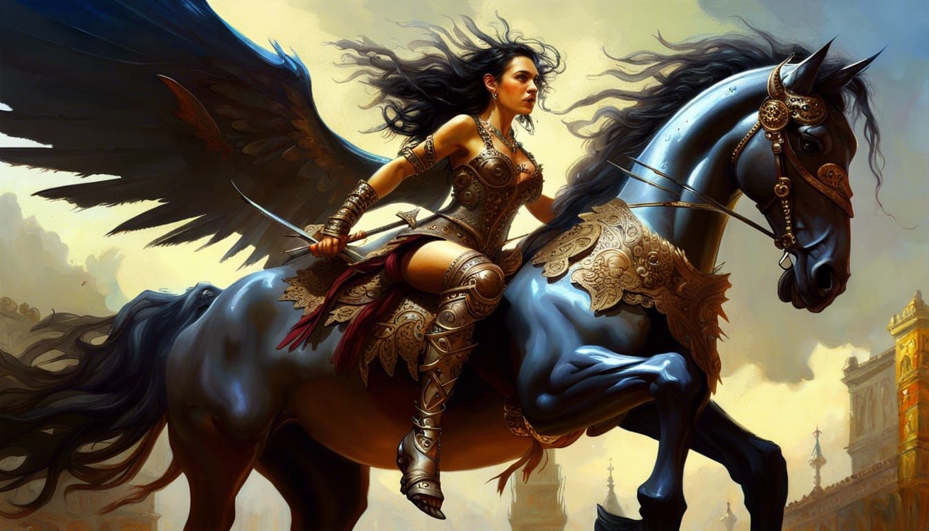 Latina Warrior on Winged Horse: Fantasy Masterpiece