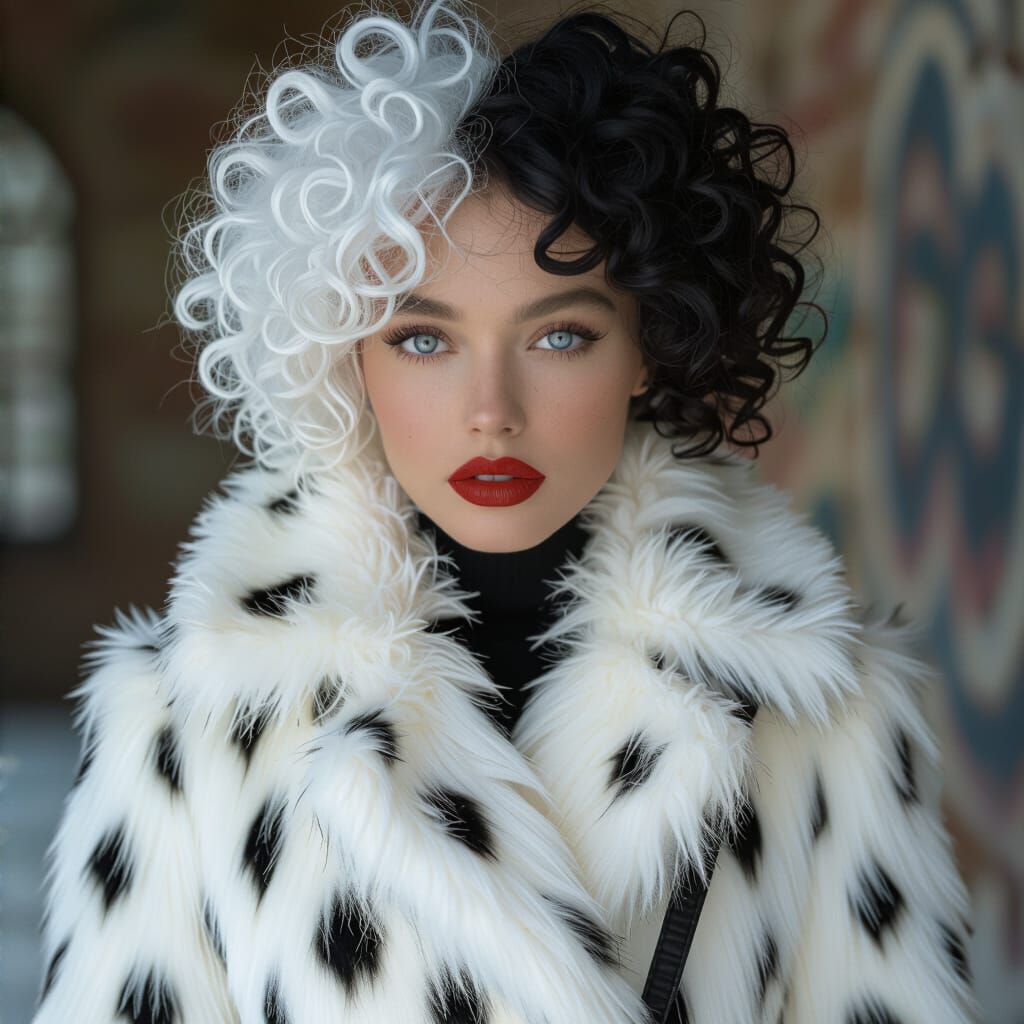 Woman with Dalmatian Fur Coat and Dog Leash