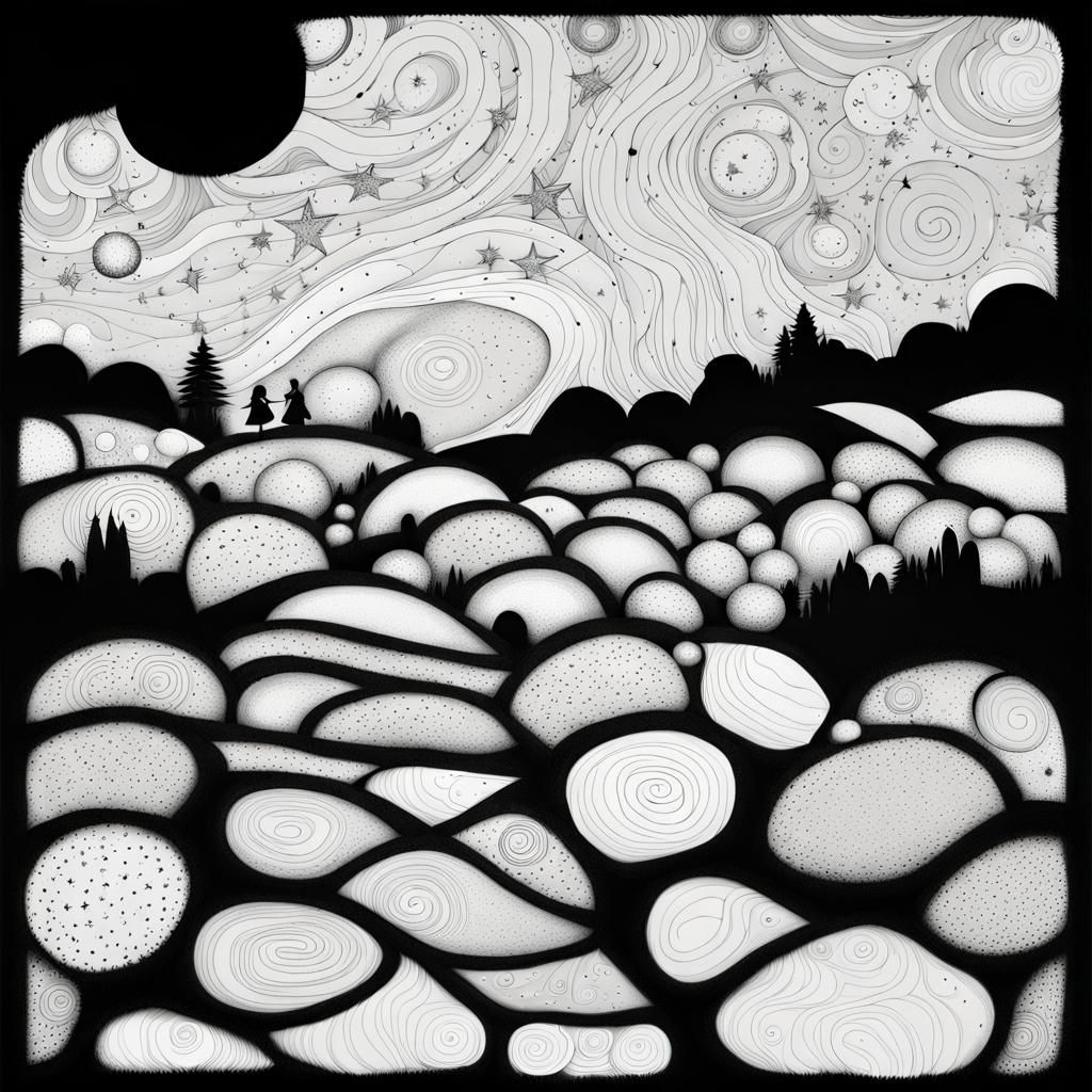 Monochrome Starry Night Illustration in Art Brut Style