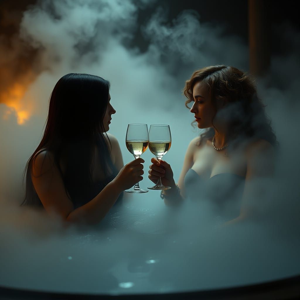 Medieval Women in Mystical Steam Bath, Faintly Lit by Golden...