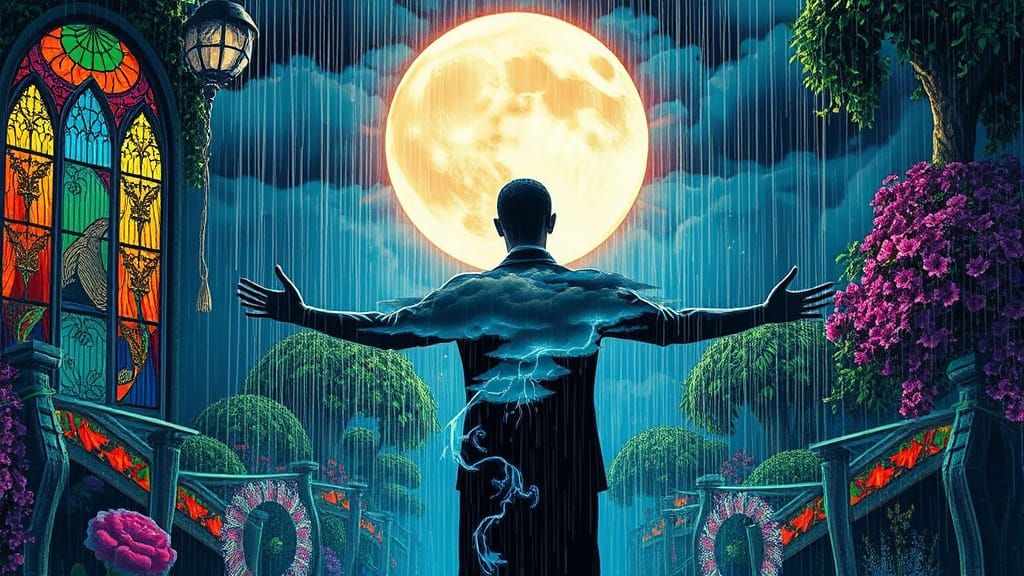 Lone Figure in Glitch Art Garden Under Moonlight