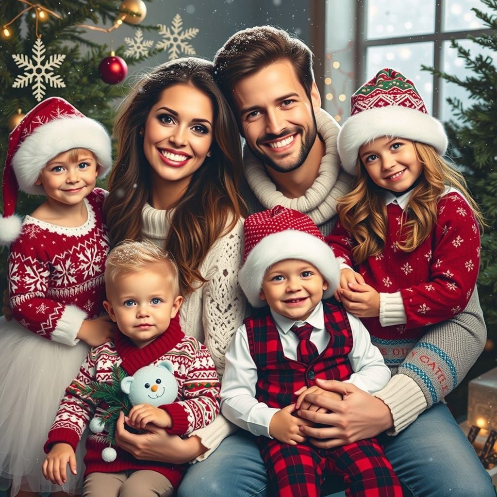 Festive Family Christmas Scene in Whimsical Winter Wonderlan...