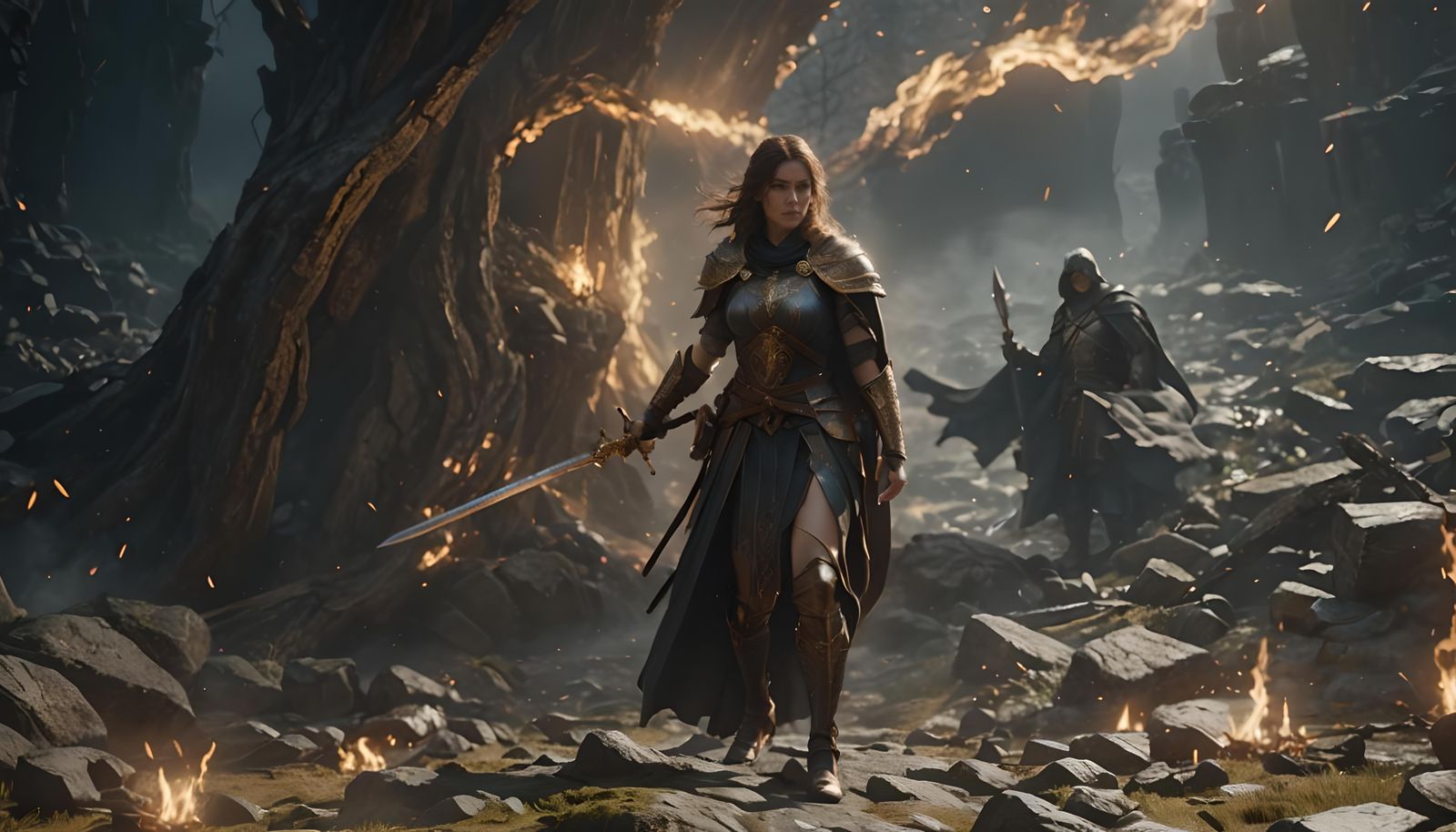 Fearsome Woman Warrior with Sword in Dark Fantasy Style